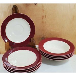 Homer Laughlin Cavalier Maroon Red Banded No Trim 4 Small Bowls & 5 Saucers 6"